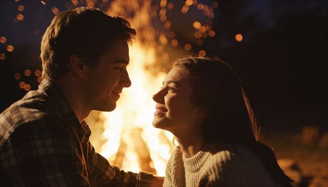 Smiling couple sharing intimate evening by roaring campfire with sparks and warm glow
