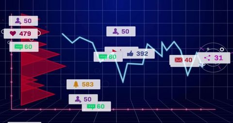 Futuristic neon dashboard visualizing social media metrics with holographic line chart HUD