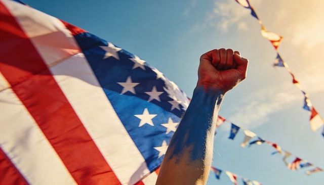 Raising painted fist beneath fluttering american flag and patriotic bunting at sunny rally