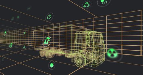 highlighted is a futuristic 3d model of a truck overlaid with digital icons symbolizing sustainable and renewable energy initiatives. structured in a comprehensive wireframe pattern against a digital background, this design encapsulates the merging of advanced automobile engineering and environmental innovation. potential uses include illustrating concepts in sustainable transport, breakthrough vehicle technologies, or green engineering solutions for educational and commercial automotive and ecological campaigns.