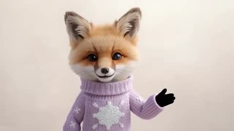 Smiling Stylized Fox Puppet Waving in Lavender Sweater, Studio Mascot Greeting Video