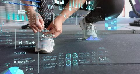 Kneeling athlete tying running shoe with augmented reality fitness analytics overlay