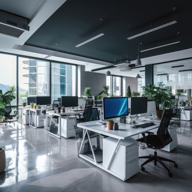 Modern bright office space with large windows, created using generative ai technology. Modern office, interior design and workplace decor concept digitally generated image.