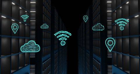 Digital Cloud and WiFi Icons over Server Racks in Data Center - Download Free Stock Images Pikwizard.com