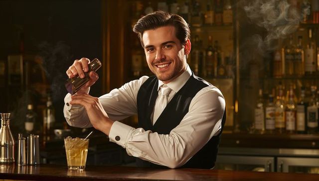 Smiling bartender expertly shaking cocktail at classy bar