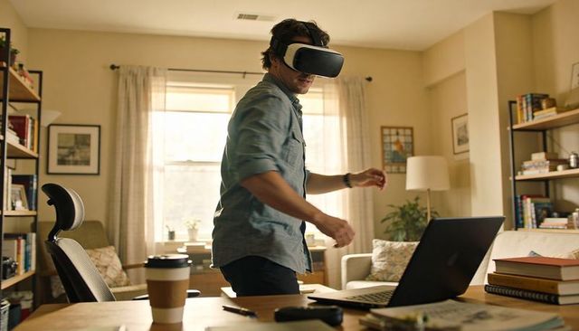 Man using vr headset in sunlit home office gesturing with laptop and coffee