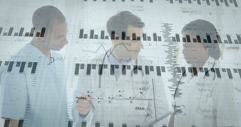 Medical professionals analyzing patient data with charts overlay