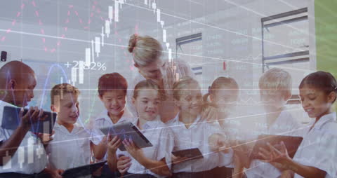 Children Using Tablets with Financial Data Overlay