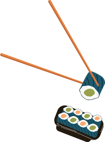 Chopsticks lifting sushi roll over tray transparent background