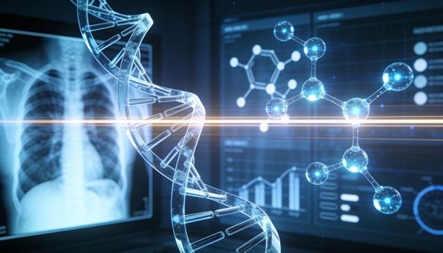 Holographic dna helix and molecular model over chest x-ray hud for genomic diagnostics
