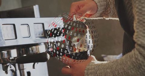 Barista steaming milk with binary code overlay representing digitalization in coffee industry