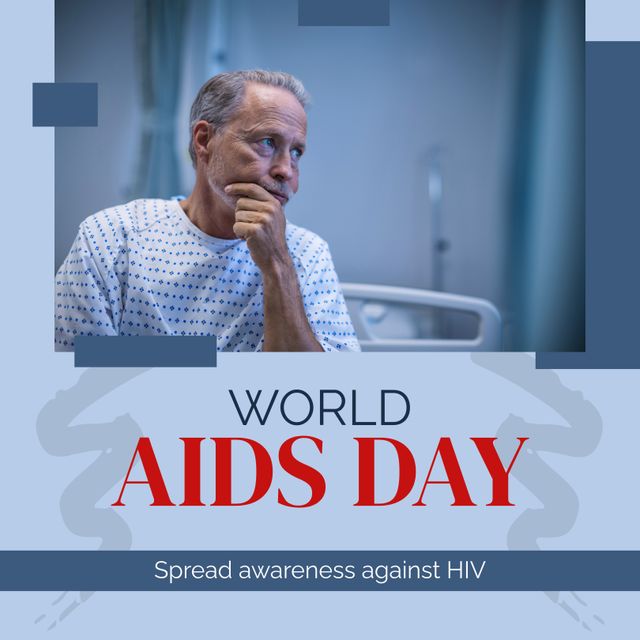 Composite of world aids day and sad caucasian man in hospital bed. World aids day, awareness and health concept digitally generated image.