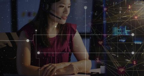 Businesswoman Analyzing Digital Data with Headset and Global Network