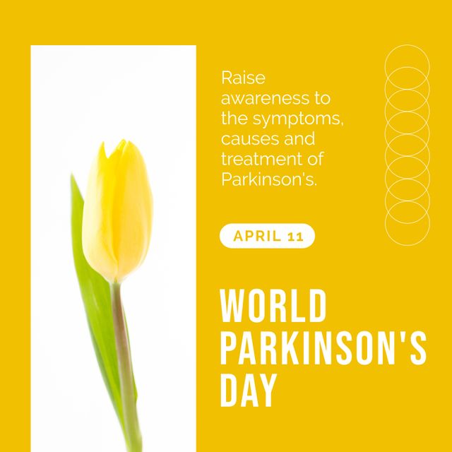This image is perfect for health organizations, educational institutions, and awareness campaigns dedicated to Parkinson's disease. It can be used in social media posts, informational brochures, and websites to promote understanding of the symptoms, causes, and treatments of Parkinson's. Its bright yellow background and symbolic tulip create a vibrant and uplifting visual for raising awareness on World Parkinson's Day.