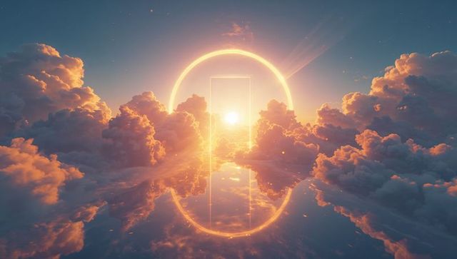 Hovering glowing portal casting golden light over reflective cloudscape at sunrise