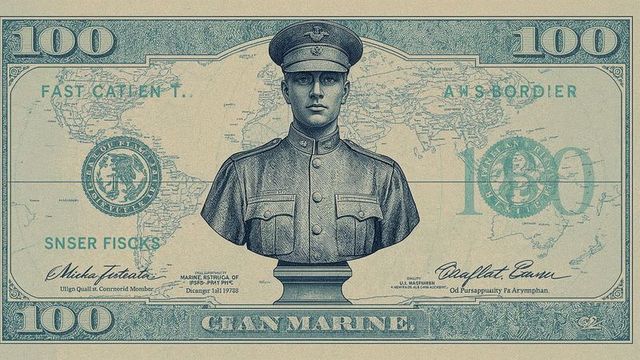Marine officer adorned currency illustration with world map