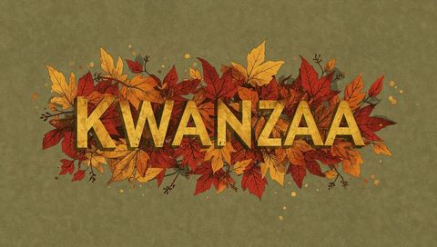 Kwanzaa gold lettering with autumn leaves garland on textured olive background