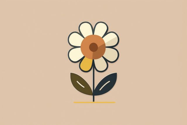 Minimalist daisy illustration using simple shapes on a beige background. Features bold lines and a modern aesthetic ideal for wall art, stationery, fashion design, or digital content decor. Great for nature-themed graphics and contemporary artistic projects.