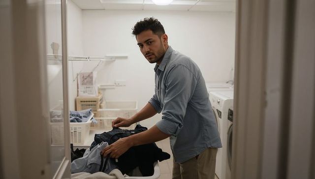 Young man folding laundry in shared apartment laundry room, resident doing chores