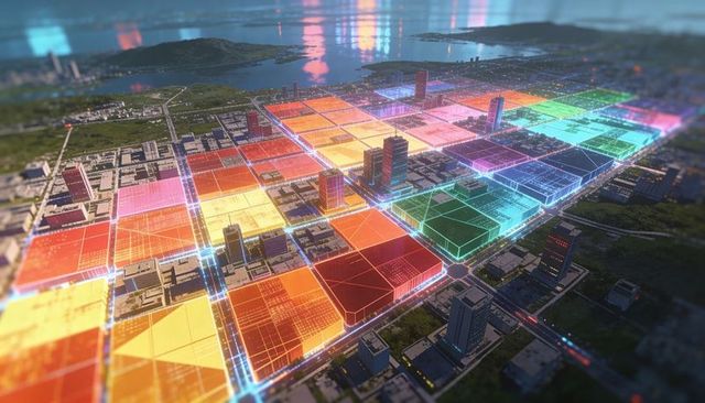 Neon grid futuristic city blocks with color-coded urban districts on coastal waterfront