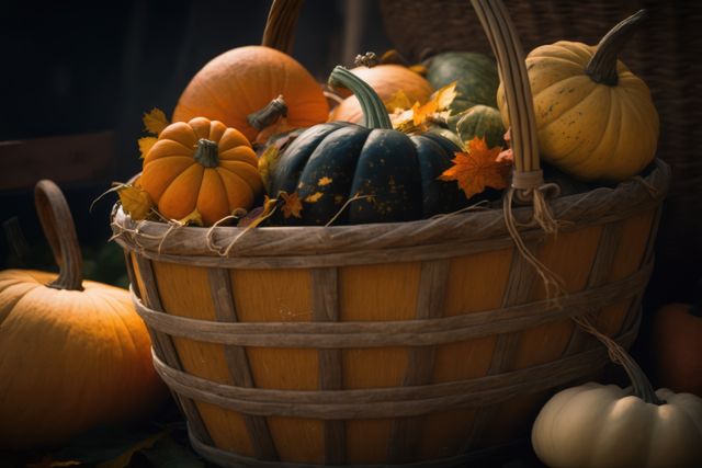 A wicker basket filled with various pumpkins and gourds, adorned with autumn leaves, evokes feelings of fall harvest. Perfect for use in seasonal projects, Thanksgiving decor, food blogs, home decoration inspiration, and promoting fall-themed events or market items.