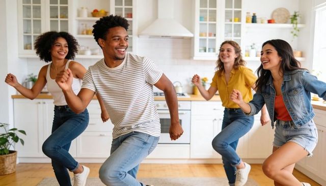 Friends dancing in bright modern kitchen, laughing and enjoying energetic home moment