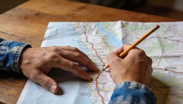 Man tracing and marking travel route on paper road map with pencil over rustic wooden table