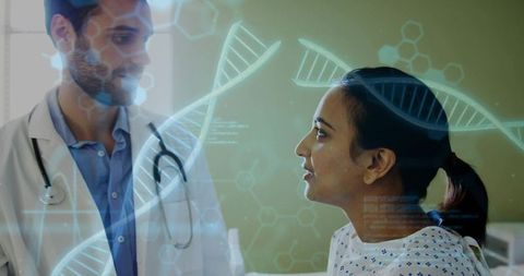Doctor consulting patient with dna hologram for genomics and personalized care