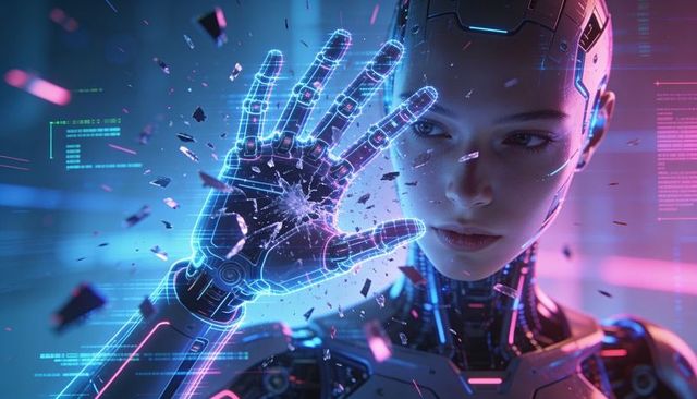 Feminine android reaching shattered holographic barrier, interacting with neon interface