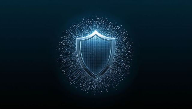 Cyan shield emblem radiating digital data streams with metallic mesh for cybersecurity