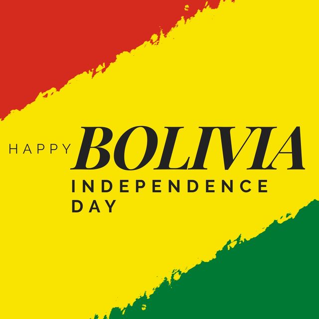 Illustration of happy bolivia independence day text over red, yellow and green background. copy space, national flag, patriotism, celebration, freedom and identity concept.
