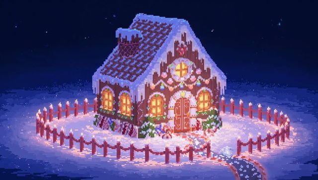 Glowing pixel art gingerbread house in snowy round yard with candy canes at night