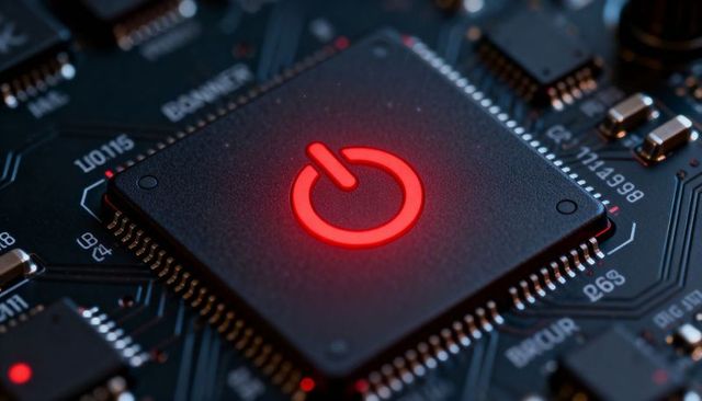 Red power icon glowing on black microchip circuit board macro close-up tech concept
