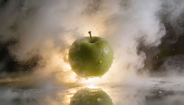 Green apple floating in backlit mist with reflection and water droplets for ads