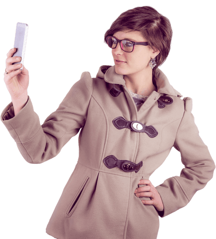 stylish woman in warm coat taking selfie with phone - transparent background - Download Free Stock Videos Pikwizard.com