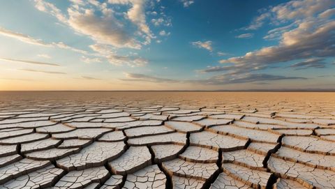 Expansive barren desert landscape at sunset with drought-cracked earth