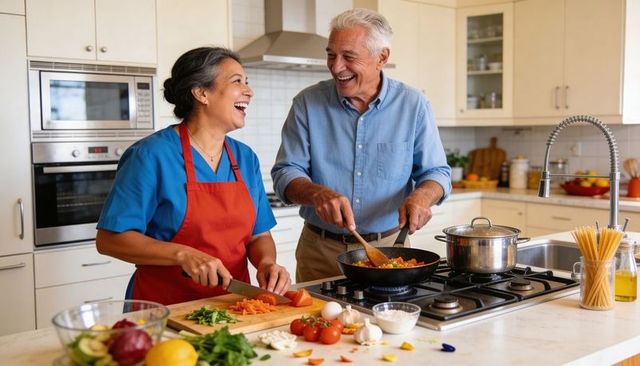 Senior couple cooking and laughing in modern kitchen preparing healthy dinner together