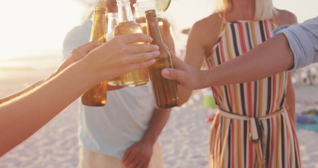 Midsection of diverse friends making a toast with beer bottles on beach at sundown. Summer, free time, friendship, party, celebration and vacations.