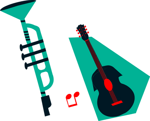 Vector illustration of trumpet and guitar on transparent background