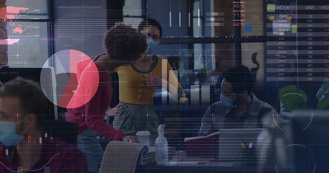 Diverse team analyzing financial data in modern office with masks