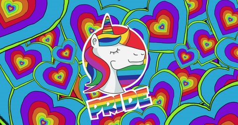 Colorful Pride Celebration with Unicorn and Rainbow Hearts