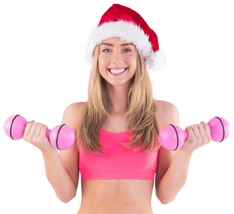Festive blonde woman exercising with pink dumbbells on transparent background