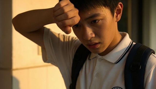 Asian teen student wiping sweat and shielding forehead at golden hour with backpack