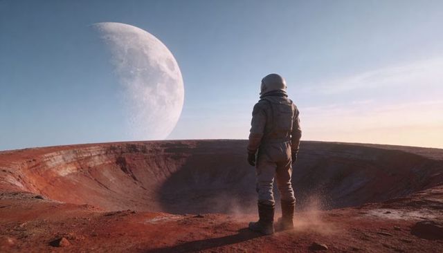 Astronaut standing on red crater rim, surveying vast lunar-like horizon with giant moon