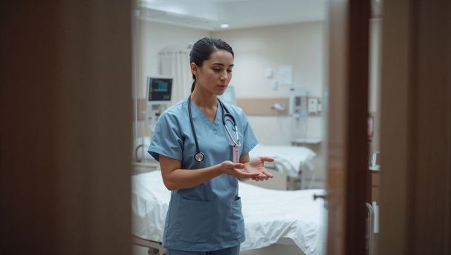 Nurse in blue scrubs applying hand sanitizer beside hospital bed and monitor