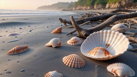Scenic Low Tide on Coastal Beach with Large Scallop Shell and Driftwood - Download Free Stock Images Pikwizard.com