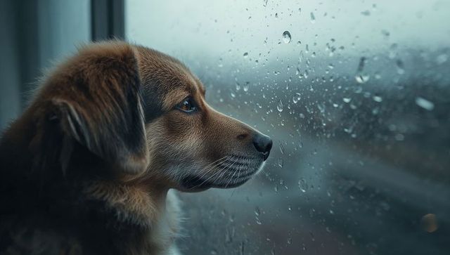 Melancholy brown dog watching rain through window close-up with raindrops and reflection