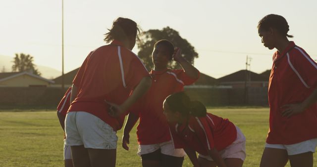 Female Soccer Team Discussing Strategy on Field During Sunset - Download Free Stock Images Pikwizard.com