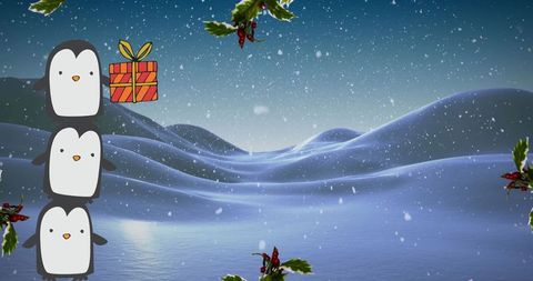 Cute Penguins Holding Holiday Gift on Snowy Winter Background