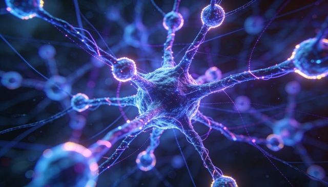 Glowing Neuron Network Emitting Electric Signals in Neon Microscopic 3D Science Concept